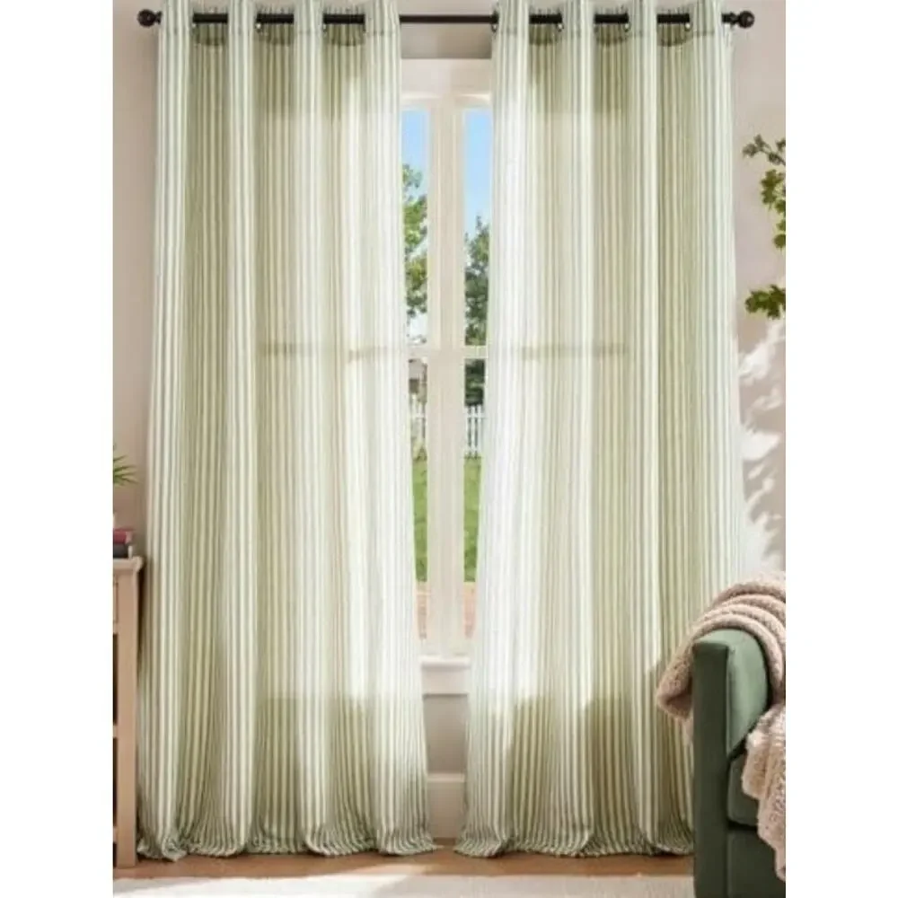 jinchan Linen Curtains 96 inch Sage Green Stripe on Beige Grommet 2 Panels